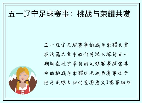 五一辽宁足球赛事：挑战与荣耀共赏