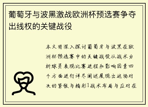 葡萄牙与波黑激战欧洲杯预选赛争夺出线权的关键战役