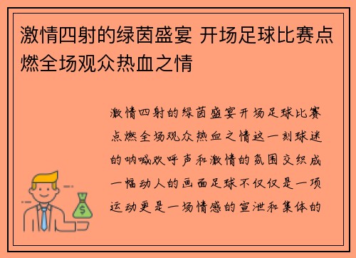 激情四射的绿茵盛宴 开场足球比赛点燃全场观众热血之情