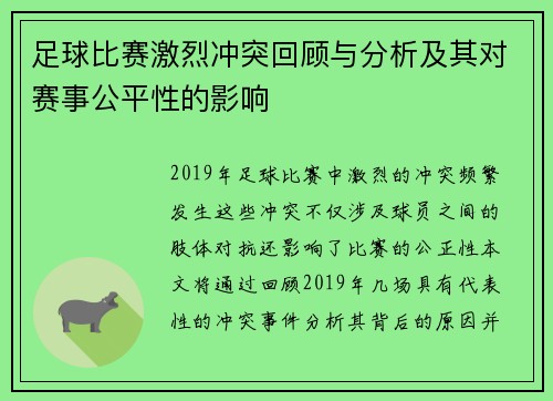 足球比赛激烈冲突回顾与分析及其对赛事公平性的影响