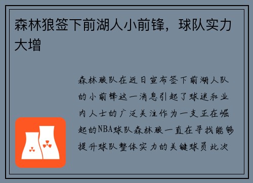 森林狼签下前湖人小前锋，球队实力大增