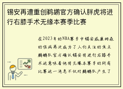 锡安再遭重创鹈鹕官方确认胖虎将进行右膝手术无缘本赛季比赛