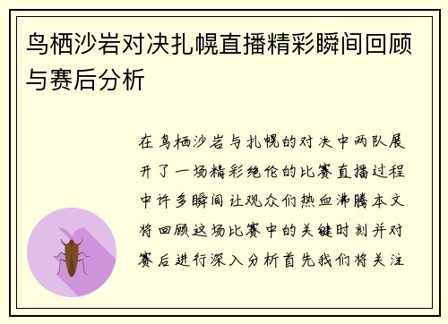 鸟栖沙岩对决扎幌直播精彩瞬间回顾与赛后分析