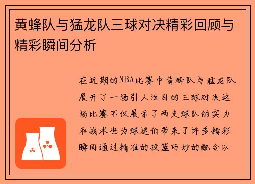 黄蜂队与猛龙队三球对决精彩回顾与精彩瞬间分析