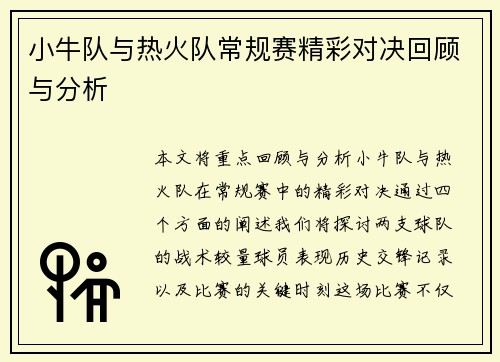 小牛队与热火队常规赛精彩对决回顾与分析