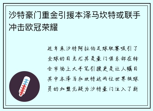 沙特豪门重金引援本泽马坎特或联手冲击欧冠荣耀
