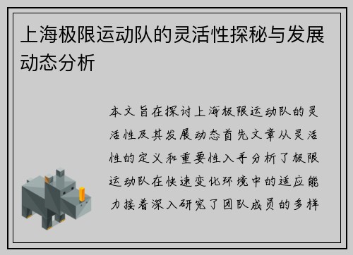 上海极限运动队的灵活性探秘与发展动态分析