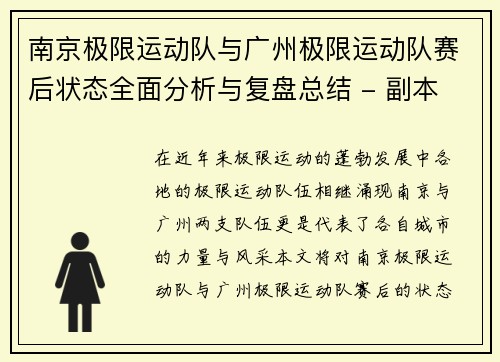 南京极限运动队与广州极限运动队赛后状态全面分析与复盘总结 - 副本
