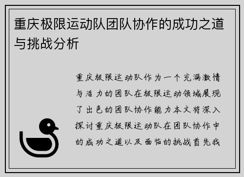 重庆极限运动队团队协作的成功之道与挑战分析